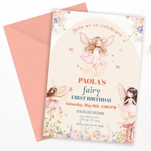 Convite de aniversário de fada editável para menina, convite para festa de primeiro aniversário, cartão de aniversário de 1 ano para impressão, modelo de celebração mágica para menina