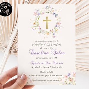 Invitación de Primera Comunión para niña, Spaanse wilde bloemen Heilige Communie Uitnodiging bewerkbaar, Invitación flores Comunión en español ICFC