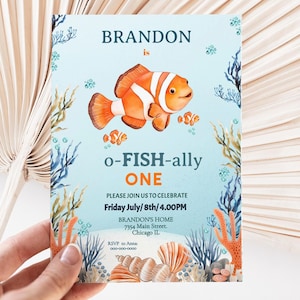 O-FISH-ally One Birthday Invitation Ocean Themed 1st Birthday Invite Editable Clownfish Party Template Under the sea invitation editable