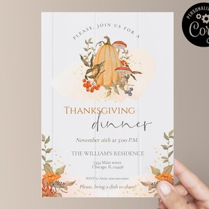 Bearbeitbare Thanksgiving-Dinner-Einladung, Thanksgiving-Einladungsvorlage, Herbstkürbis-Thanksgiving-Einladung, Thanksgiving-Einladung zum Ausdrucken