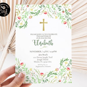 Wildflower Baptism invite for neutral gender, spring baptism invitation digital template, editable christening floral invitation.