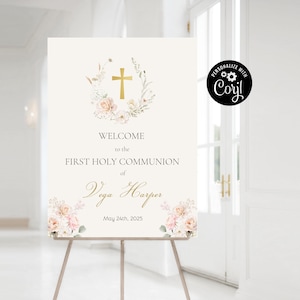 Delicate floral Communion Welcome Sign, Winter floral Holy Communion Welcome poster template, Girl First Communion decor printable WRFC