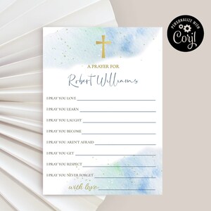 Tarjeta de oración de bautismo en acuarela azul, tarjeta de oraciones editables para bebé, deseos de bautizo editables, recuerdo de bautismo moderno para niño, BWB