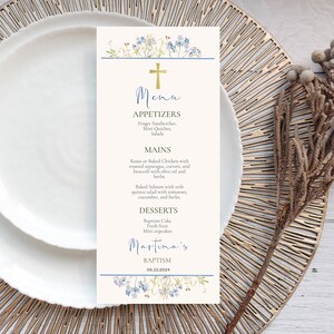 Blue Wildflower Baptism menu editable, Blue Floral Baptism menu card, Pale flowers religious menu template, Floral baptism table decor BICB