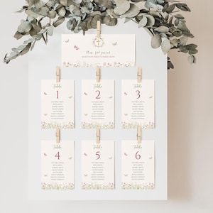 Tarjetas de lugar florales para primera comunión, plantilla de plano de asientos con mariposas, tarjetas de nombre editables para mesas de comunión, etiquetas imprimibles para eventos ICFC-2