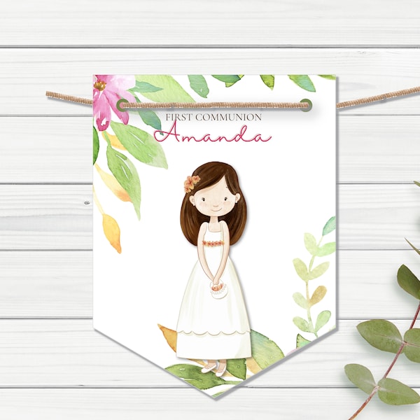 First Communion flag with little girl editable, wildflower First Communion banner, Green and Pink Floral First Communion Girl pennant