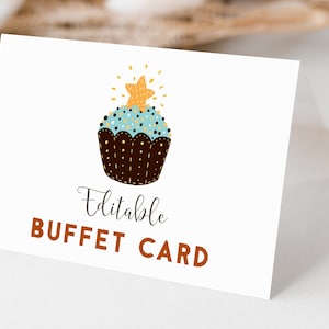 Étiquettes de nourriture pour cupcakes, cartes de buffet modifiables, gâteries sucrées, cartes de tente, anniversaire, panneaux de table à desserts, marque-places imprimables