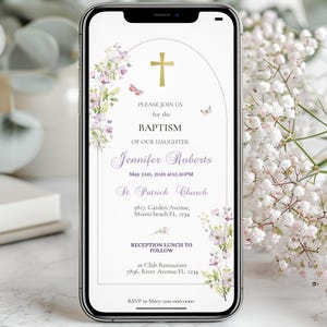 Purple Floral Baptism Invitation for Girl editable Christening Evite with Violet flowers  Catholic Ceremony mobile invite template BFB-2