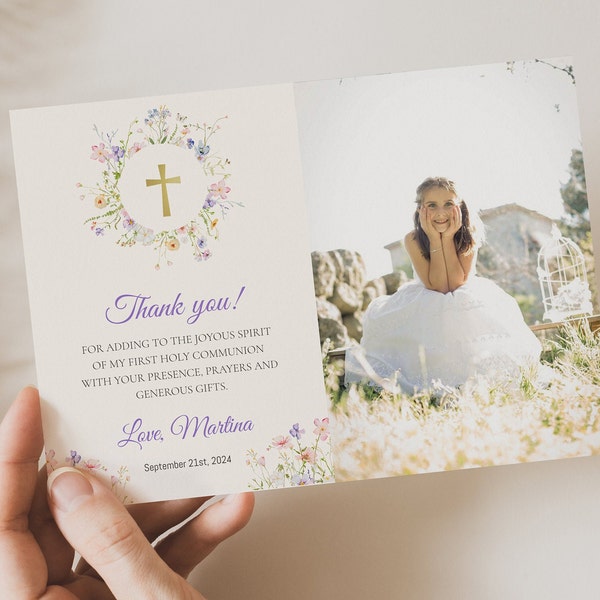 Girl First Communion thank you card with photo, Holy Communion photo thank you note template, editable wildflower thank you card  ICFC