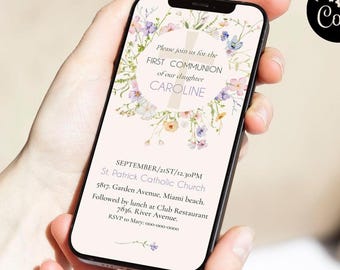 Plantilla de invitación de primera comunión con flores silvestres, invitación electrónica de comunión con acuarela floral para Evite, invitación electrónica de primera comunión con corona floral ICFC