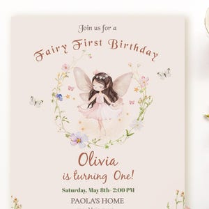 Convite de primeiro aniversário de fada para menina editável para impressão convite para festa de primeiro aniversário jardim mágico modelo de cartão de aniversário para menina faça você mesmo