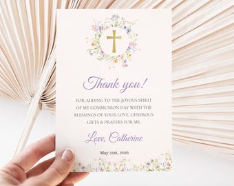 First Holy Communion thank you card for girl, Floral Communion thank you card, wildflower Girl Communion favors, religious keepsake ICFC-5