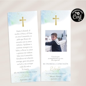 Blue Watercolor First Communion Bookmark Template, Editable Holy Communion Favor, Spanish Religious Keepsake Printable  BWFCE