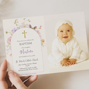 Wildflower Baptism Invitation with Photo: Editable Floral Christening Card (PDF)