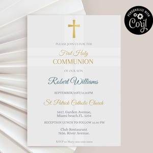 Invitación moderna de primera comunión para niño, plantilla de invitación de comunión con cruz, invitación imprimible de primera comunión azul, invitación elegante