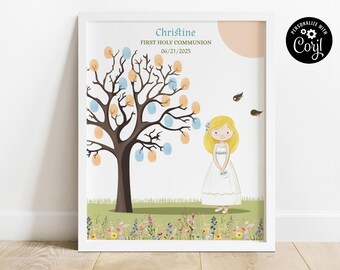 May include: A white frame with a white background and a brown tree with blue and orange leaves. The text "Christine" is at the top of the frame, followed by "First Holy Communion" and "06/21/2025". A girl in a white dress is standing to the right of the tree. The text "Personalize with Coyl" is in the top right corner of the frame.