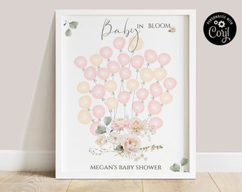 Baby in bloei alternatief gastenboek bewerkbaar, Floral baby shower handtekening poster met ballonnen, Roses Baby Shower vingerafdrukboom