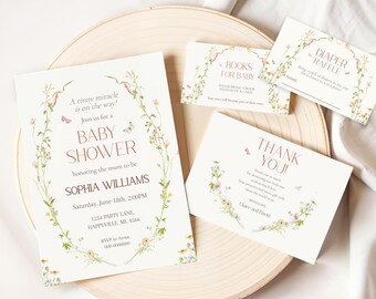 Ensemble d'invitations pour baby shower fleurs sauvages, lot imprimable (numérique)