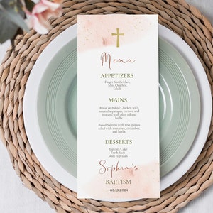Plantilla de menú de bautismo de acuarela rosa, Menú de bautizo moderno para niña, Tarjeta de menú religiosa de acuarela editable, Decoración de mesa de bautismo ICB