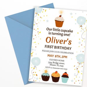 Modèle d'invitation de premier anniversaire cupcake modifiable, invitation de 1er anniversaire à une fête d'anniversaire pour bébé garçon Modèle imprimable Sweet One Theme