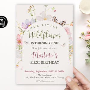 Wildflower First Birthday Invitation Template: Pale Floral (Digital Download)