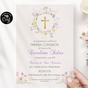 Invitación de Primera Comunión para niña, Holy Communion invite in Spanish, Editable floral Communion invitation en español  ICFC-5E