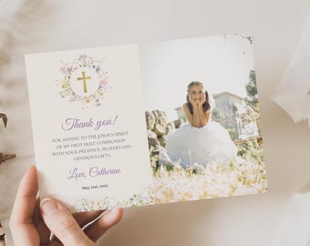 Girl First Communion thank you card with photo, Holy Communion photo thank you note template, editable wildflower thank you card  ICFC-5