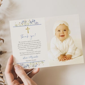 Cartão de agradecimento de batismo floral com foto, modelo de cartão de agradecimento com foto de batismo de flores silvestres, lembrança religiosa floral, favor de batismo BICB