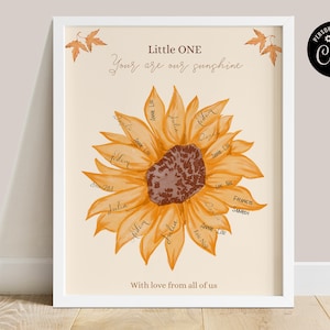 Sunflower signature guestbook template, Printable sunflower baby shower fingerprint, sunflower sign in poster instant download