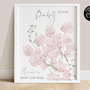 Libro de visitas para baby shower con diseño de Boho Baby in bloom, póster de firma floral rosa editable, póster de inicio de sesión para baby shower imprimible, juegos para baby shower