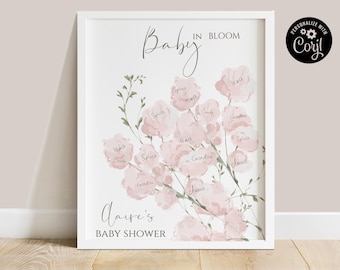 Boho baby in bloei babyshower gastenboek, roze bloemen handtekening poster bewerkbaar, babyshower poster afdrukbaar, babyshower spelletjes