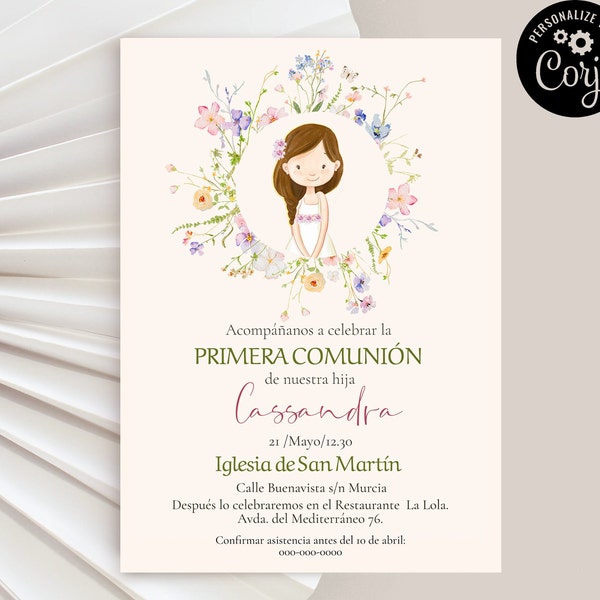 Invitación Primera Comunión niña, editable First Holy Communion invitation in Spanish, invitación Primera Comunión en español. ICFC