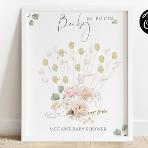 Libro de visitas alternativo editable para bebé en flor, póster imprimible con huellas dactilares de rosas para baby shower, póster con firma para baby shower de niña