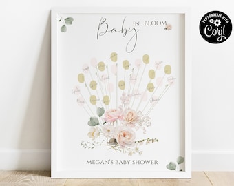 Baby in bloei alternatief gastenboek bewerkbaar, afdrukbare poster met rozenvingerafdruk voor babyshower, kenmerkende poster meisjesbabyshower
