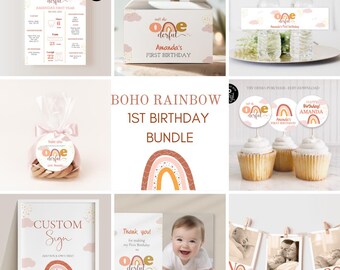 May include: A printable set of first birthday party decorations with a boho rainbow theme. The set includes a sign, cupcake toppers, favour tags, water bottle labels, a thank you card, and a photo frame. The colours are pink, orange, yellow, and brown.