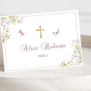 Marque-places de communion fleurs violettes Cartes de visite modifiables florales violettes pour modèle de carte de place assises imprimable Sainte Communion fille BFFC-2