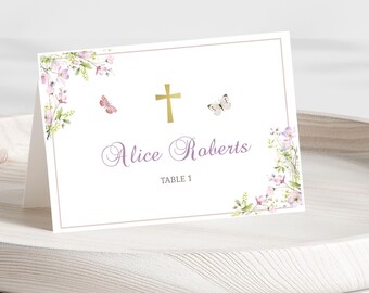 Violet Floral Communion Place Cards: Editable Seating Card Template