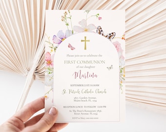 Wildflower First Communion invite for girl, Butterfly Communion Invitation template, editable Holy Communion invitation template ICFC-2