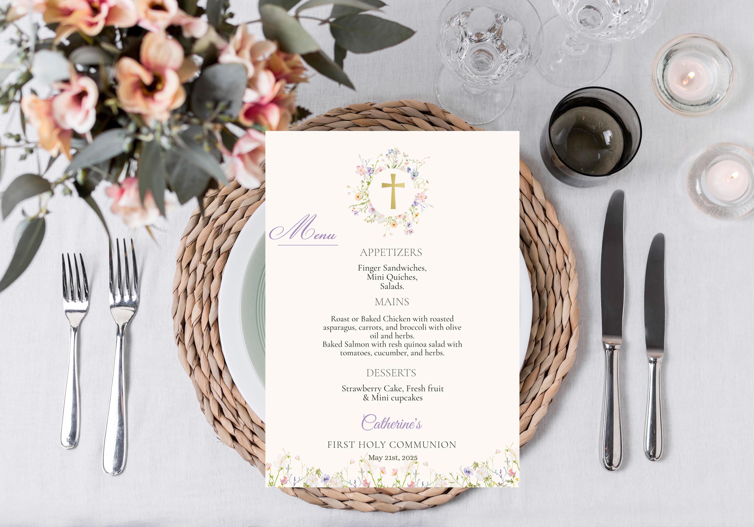 Floral First Holy Communion Menu Template, Editable Wildflower 1st ...