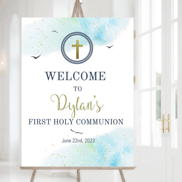First Holy Communion welcome sign template, blue sky 1st Communion decoration poster, Editable religious welcome sign, Boy's Communion decor