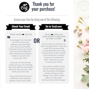 Peut inclure: Graphique blanc avec le texte "Merci pour votre achat !" et des instructions pour acc&eacute;der &agrave; l'article achet&eacute;. Les instructions incluent la v&eacute;rification des e-mails ou l'acc&egrave;s &agrave; Corjl.com. Des accents floraux sont en arri&egrave;re-plan.