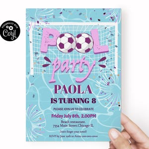 Pink Soccer Pool Birthday Invitation Template, Girls Swimming Pool Party Invite, Splash Party Invitation editable Sports Summer Invite SPPG