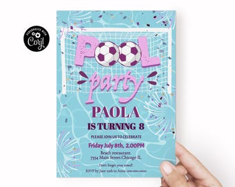 May include: A blue and white pool party invitation with a pink soccer ball and the text "Pool Party Paola is turning 8".