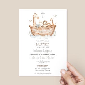 May include: A baptism invitation featuring a watercolor illustration of animals in an ark, with a cross above. The invitation includes the text "Acompáñanos al Bautizo de nuestro hijo Julian López" and event details.