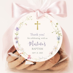Pastel Floral Baptism Favor Tags editable, Wildflower wreath Baptism thank you Tag for boy and girl, Christening gift labels printable ICB