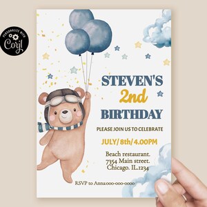 Teddybär Geburtstagseinladung Bearbeitbare Party einladen für Jungen Flugzeug Bär Vorlage Aviator Bär Einladungskarte printable