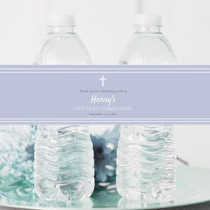 Boy Communion Water Bottle Label Template: Dusty Blue Decor (Digital)