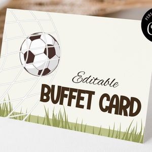Modelo editável de rótulos de comida para festas de futebol, cartão de lugar de futebol para impressão, decoração de mesa de festa com tema de futebol, etiquetas de comida para festas esportivas KBS