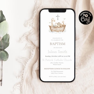 Peut inclure: Invitation num&eacute;rique de bapt&ecirc;me sur &eacute;cran de smartphone. L'invitation pr&eacute;sente une arche avec des animaux, une croix et le mot &laquo; BAPT&Ecirc;ME &raquo;, ainsi que les d&eacute;tails de l'&eacute;v&eacute;nement. Le t&eacute;l&eacute;phone est pos&eacute; sur une surface blanche.
