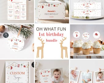 May include: A printable set of Christmas-themed party decorations for a 1st birthday. The set includes a sign, a thank you tag, a favor box, cupcake toppers, water bottle labels, and photo booth props. The decorations feature a red and white color scheme with reindeer, snowflakes, and Christmas lights.